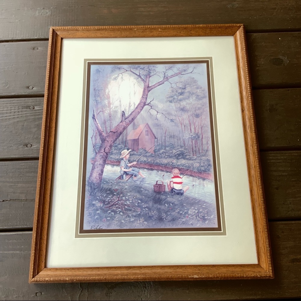 Vintage R Adair Art Print Two Boys Fishing Wood Frame Cabin Farmhouse